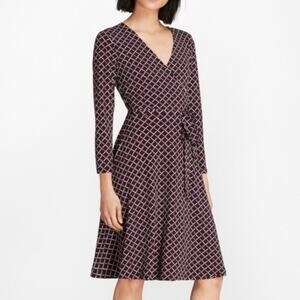 Brooks Brothers Red Fleece Navy Diamond Pattern Long Sleeve Wrap Front Dress